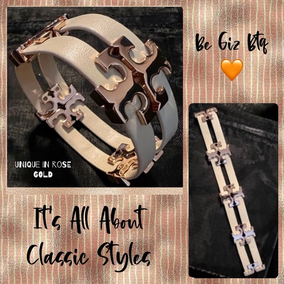 Tory Burch Authentic Serif T Stacked Leather Sand Rose Gold Wrap Bracelet - Picture 2 of 12